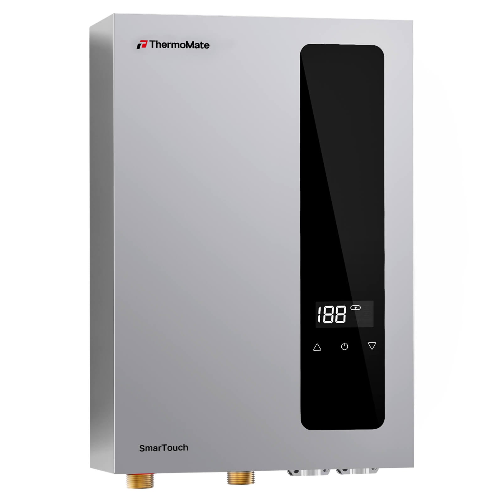 Angled side view of ThermoMate EH270 slim gray wall-mounted electric tankless water heater