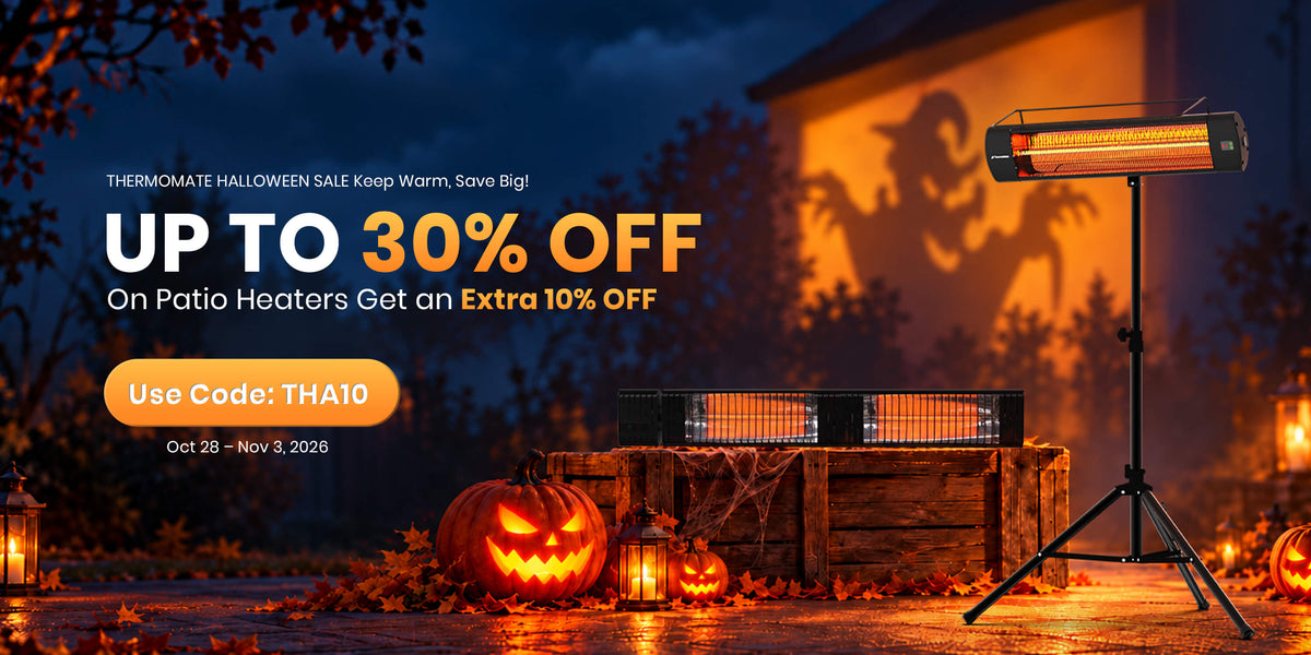 ThermoMate Halloween Sale banner featuring infrared patio heaters, glowing pumpkins and spooky shadows, with up to 30% off and an extra 10% off using code THA10.
