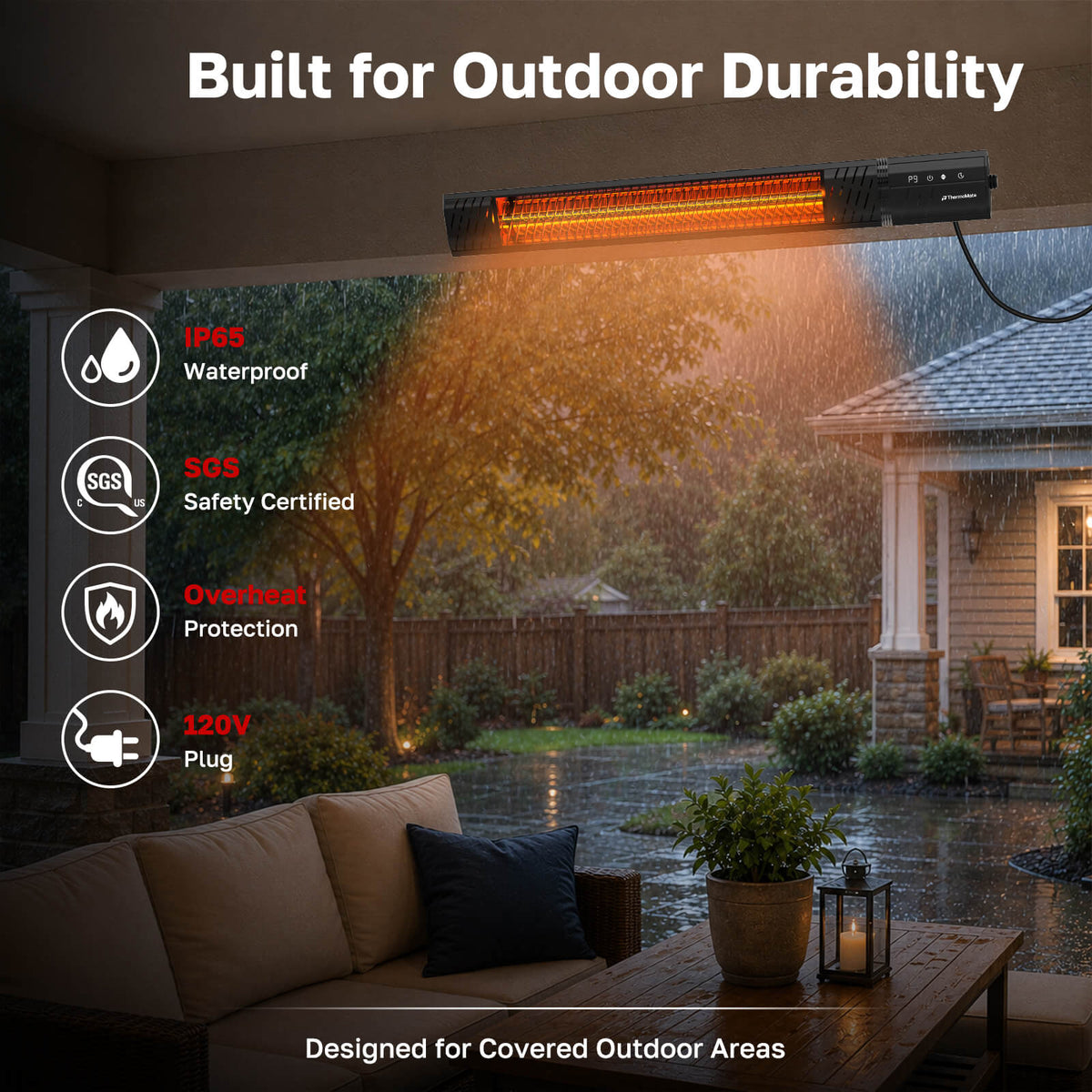 ThermoMate IP65 outdoor infrared patio heater with overheat protection and 120V plug-in power