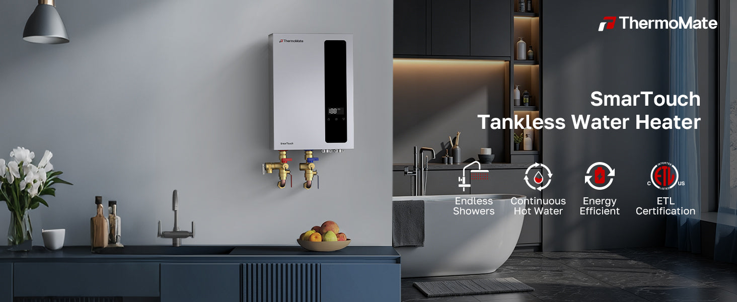 ThermoMate SmarTouch electric tankless water heater wall mounted in an indoor kitchen and bathroom setting, highlighting endless showers, continuous hot water, energy efficiency and ETL certification.