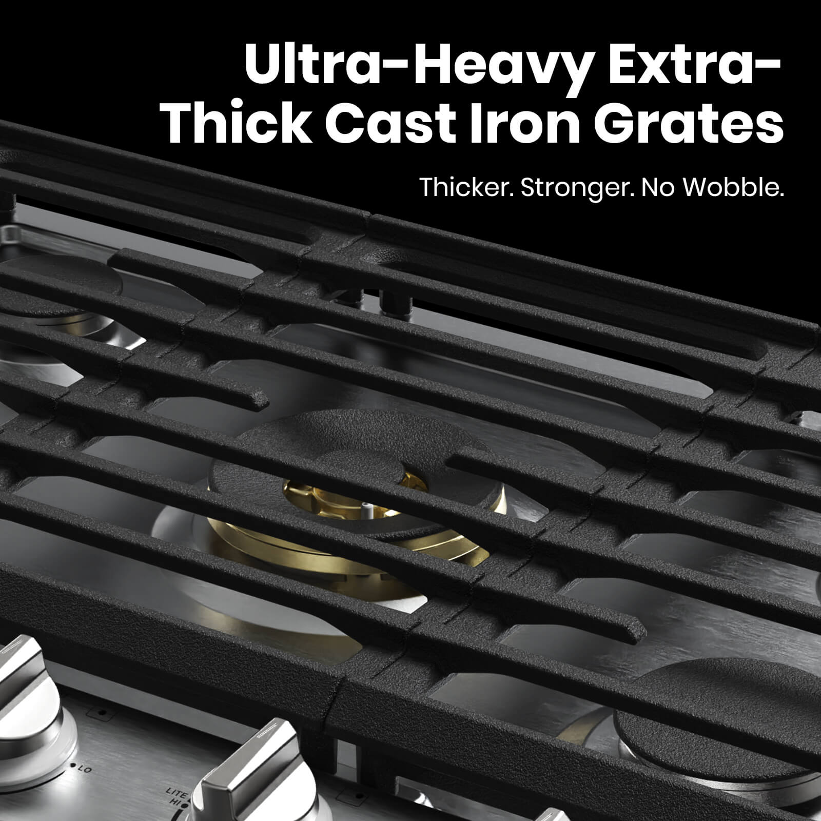 ThermoMate gas cooktop with ultra-heavy extra-thick cast iron grates for stable cookware support