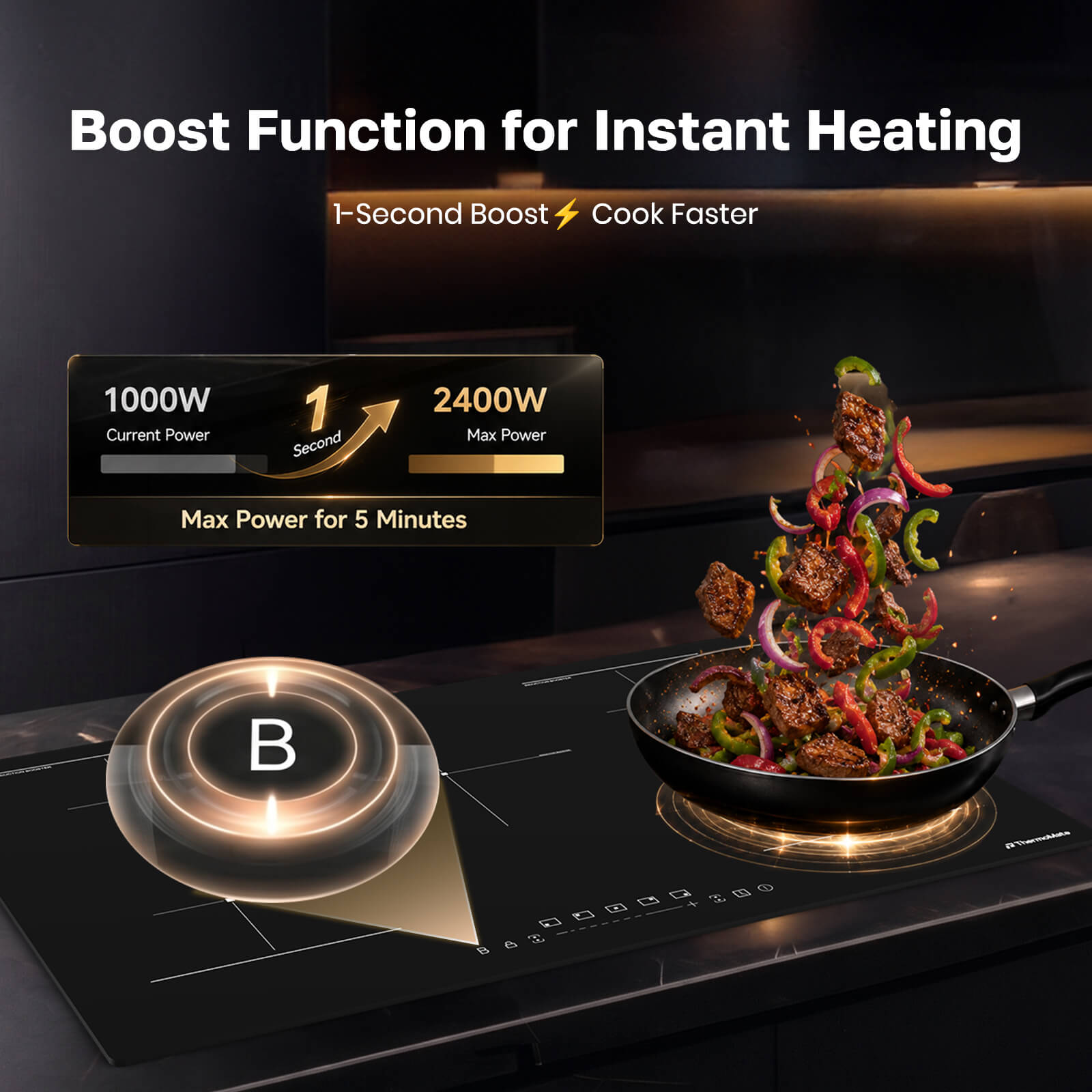 ThermoMate induction cooktop with Power Boost function for fast high-power heating and quicker cooking