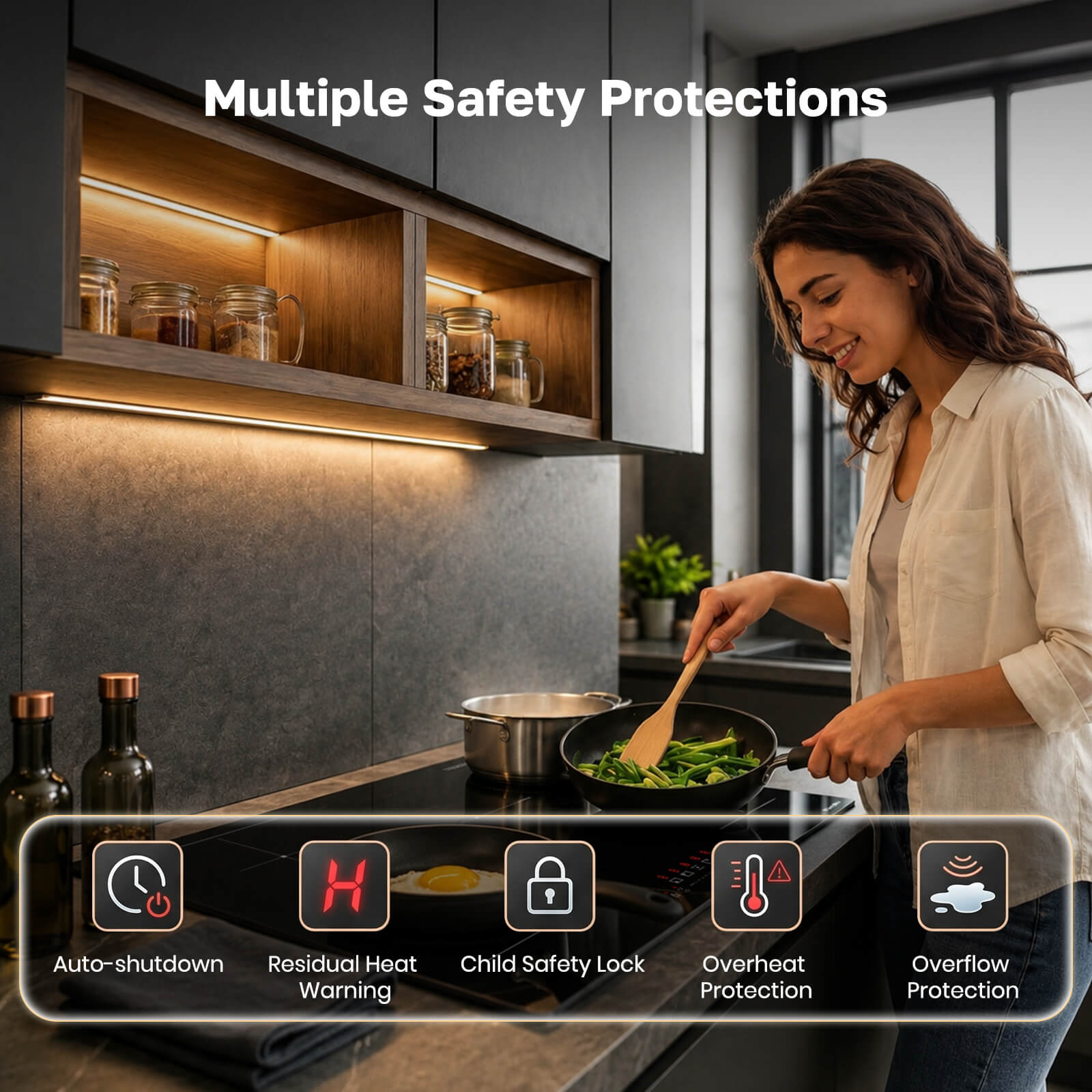 ThermoMate induction cooktop with child lock, residual heat warning, overheat protection and auto shutoff