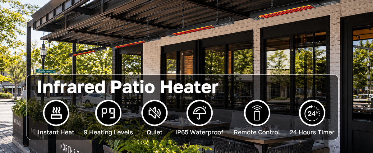 ThermoMate infrared patio heaters installed above an outdoor restaurant dining area