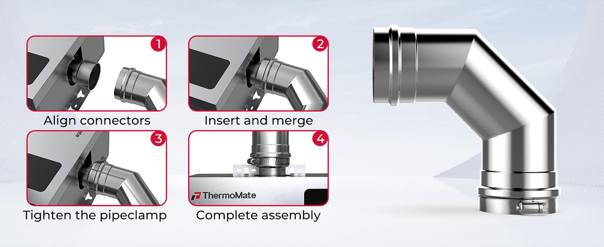 ThermoMate stainless steel vent pipe elbow installation steps for gas tankless water heater