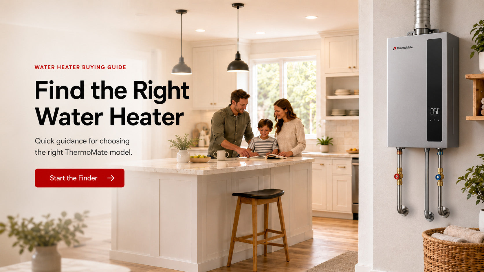 ThermoMate water heater buying guide banner with a family in a bright kitchen and an indoor tankless water heater installed on the wall.