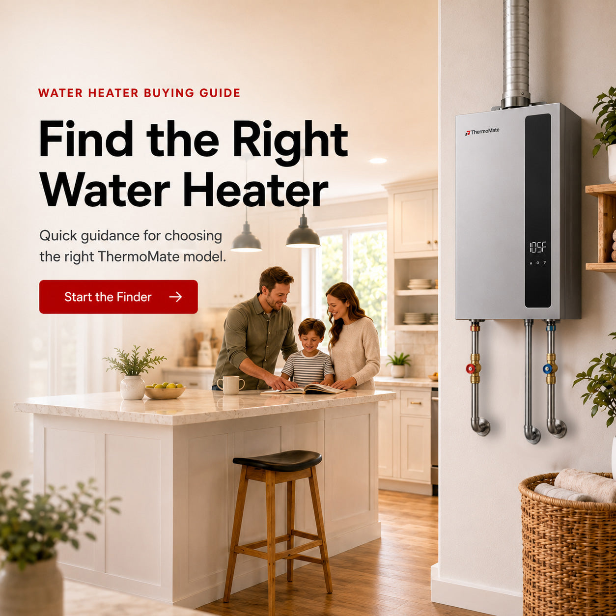 ThermoMate water heater buying guide scene featuring a family choosing the right model beside an indoor tankless water heater in a modern home.