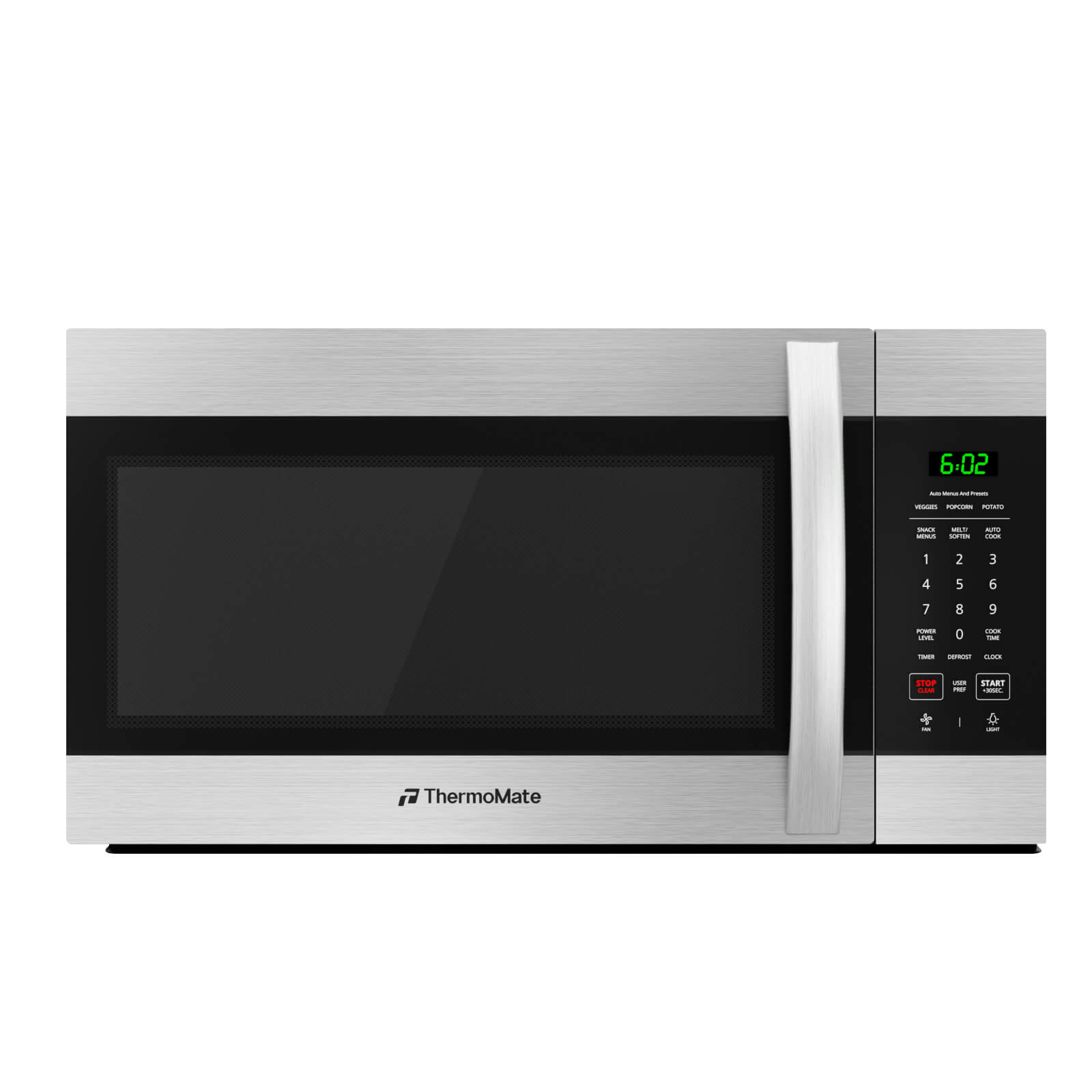 ThermoMate 30-inch over-the-range microwave touch control panel with auto cook, snack menus, melt soften, user preference, fan and cooktop light buttons