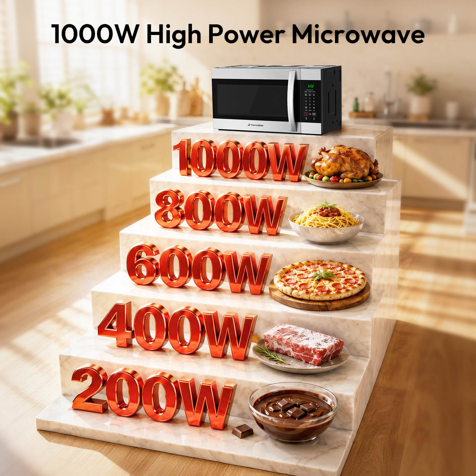 ThermoMate over-the-range microwave with two-level cooktop light illuminating the stovetop for clearer cooking visibility