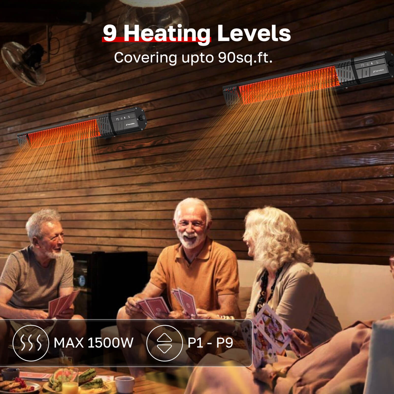 Two ThermoMate 1500W infrared patio heaters warm a seating area with 9 heat levels and coverage up to 90 sq. ft.