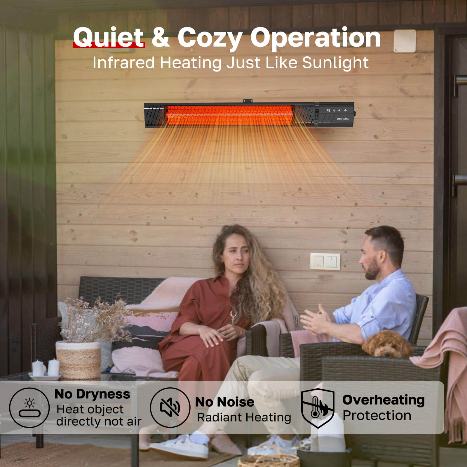 Wall-mounted ThermoMate infrared patio heater warming a seated couple with quiet radiant heat and overheat protection.