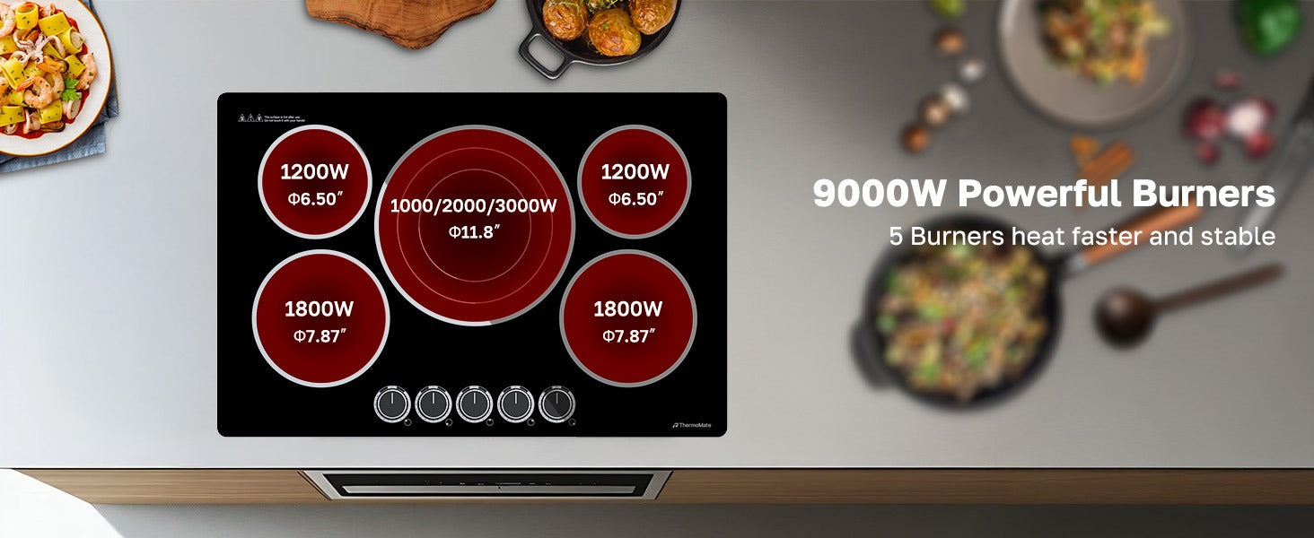 9000W Powerful Burners
5 Burners heat faster and stable