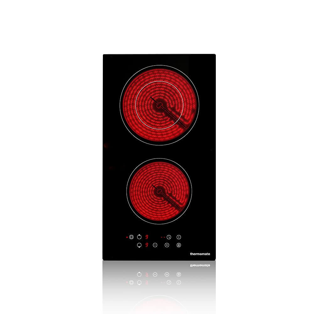Ceramic Hob, thermomate 30cm Built-in Radiant Electric Cooktop, 3200W Electric Hob with 2 Zones, 9 Heating Level, Timer & Kid Safety Lock, Sensor Touch Control