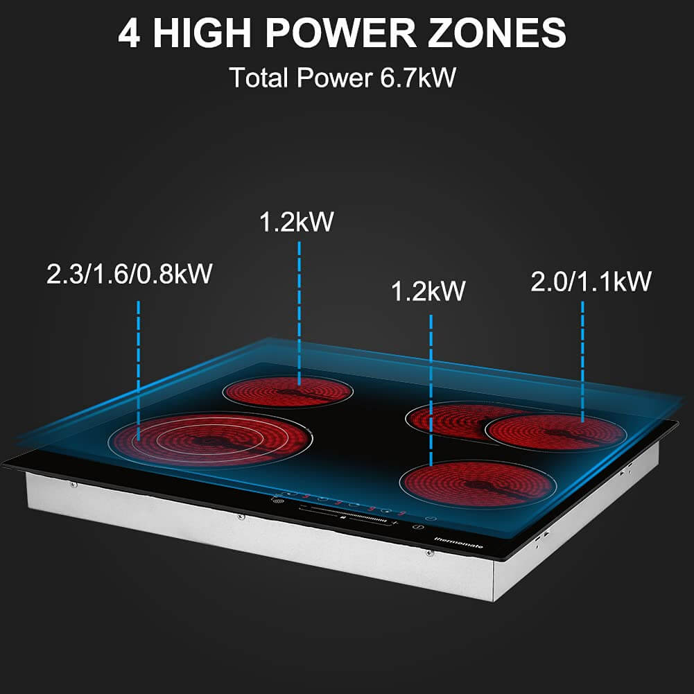 Ceramic Hob, thermomate 60cm Built-in Radiant Electric Cooktop with Stop & Go Function, 6700W Electric Hob with 4 Zones, 9 Heating Level, Timer & Kid Safety Lock, Sensor Touch Control