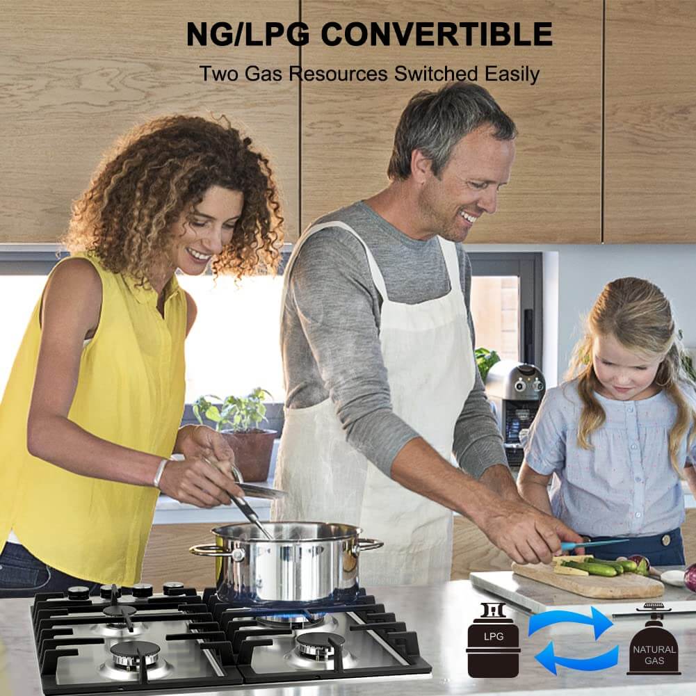 Thermomate 60cm Built-in 4 Burners Gas Hob, Black Tempered Glass Gas Cooktop, NG/LPG Convertible