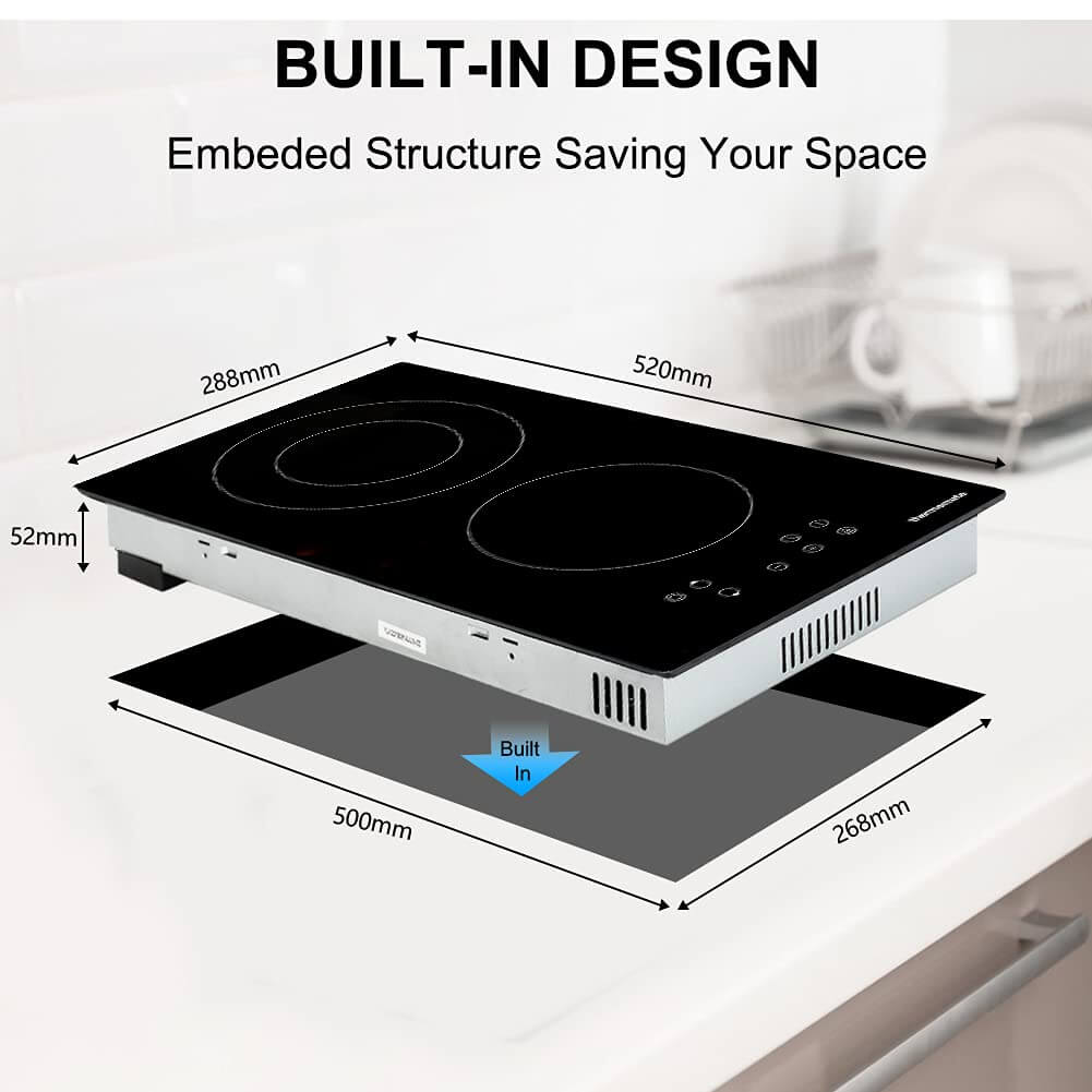 Ceramic Hob, thermomate 30cm Built-in Radiant Electric Cooktop, 3200W Electric Hob with 2 Zones, 9 Heating Level, Timer & Kid Safety Lock, Sensor Touch Control