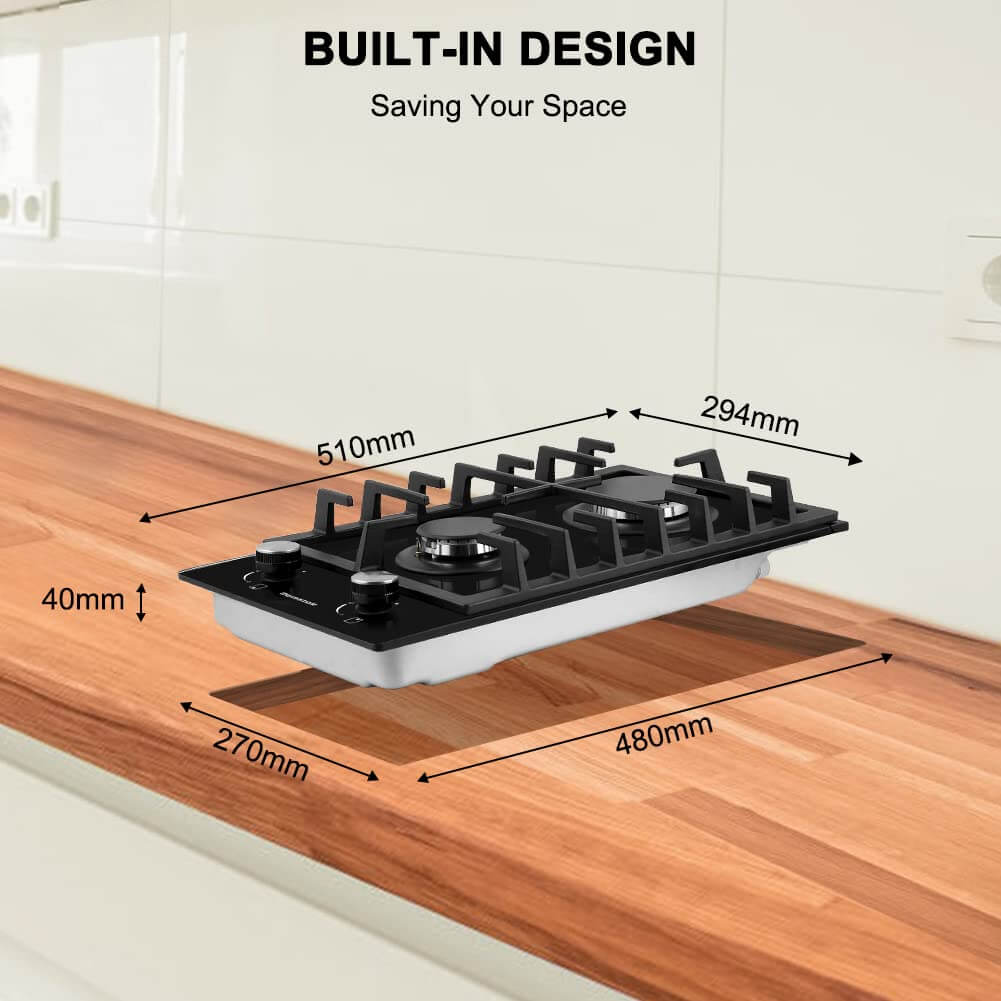 Thermomate 30cm Built-in 2 Burner Gas Hob, Black Glass Gas Cooktop, Cooker with FFD and Cast Iron Pan Supports