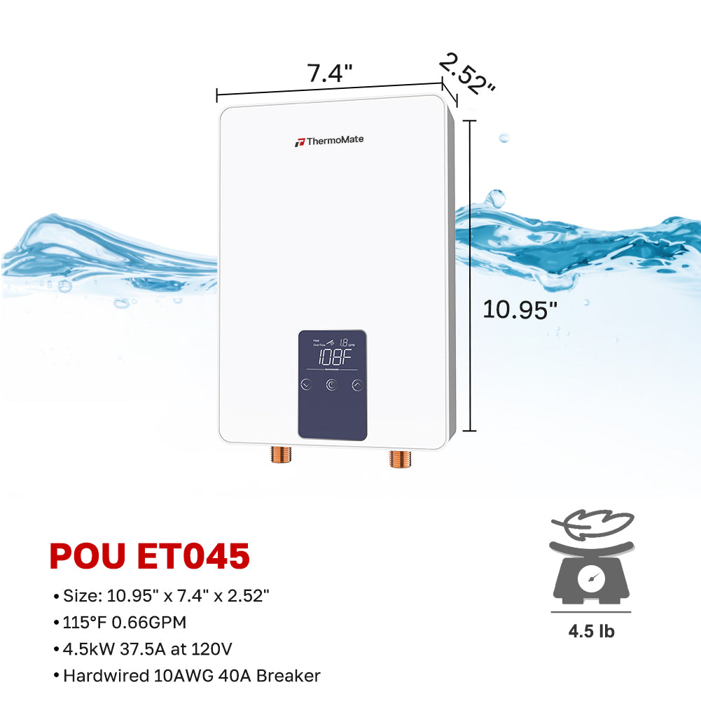 Mini Tankless Water Heater Electric Only for Faucet, ThermoMate 4.5kW 37.5A at 120V  Small Point of Use Water Heater CSA Approved, Must HardWird Requiring 10AWG Wire