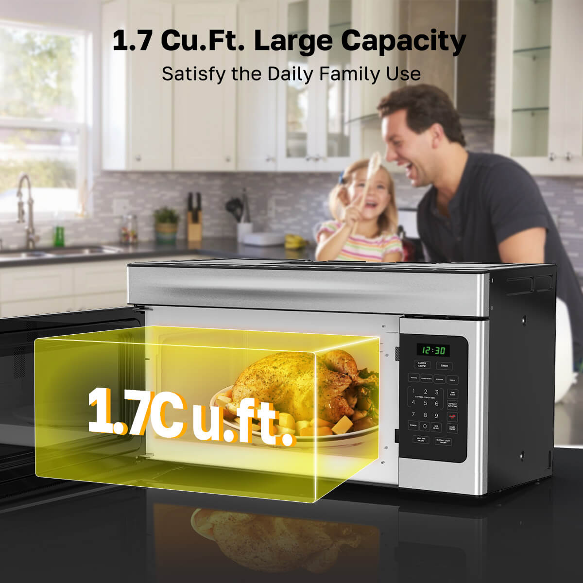 Microwave oven with large capacity display in a kitchen setting, showing a family using it.