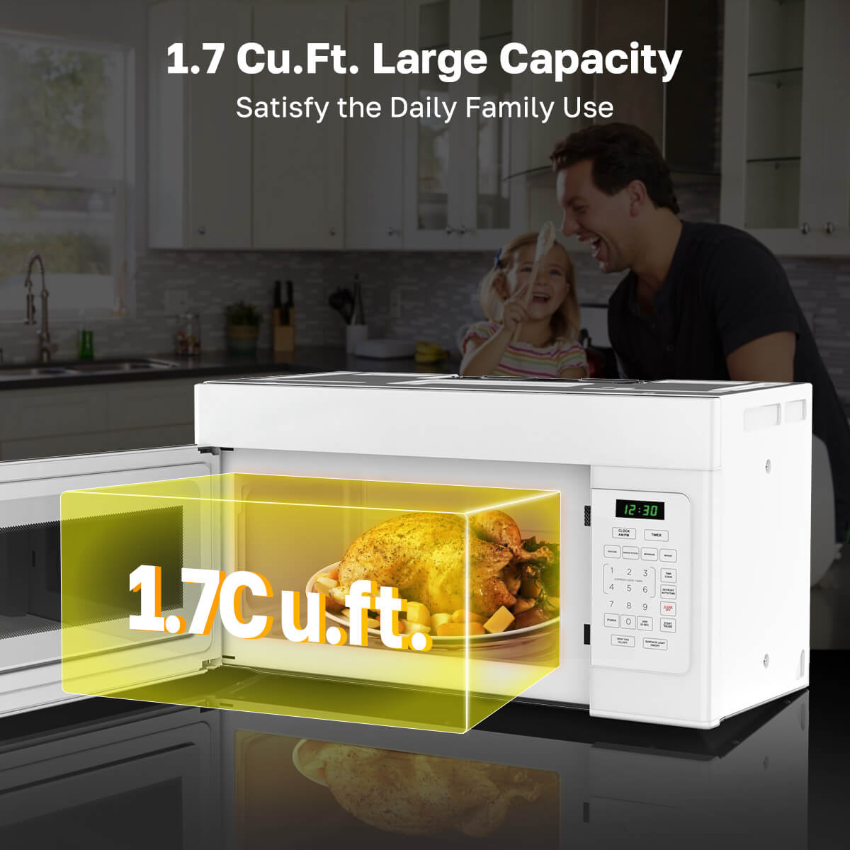 White microwave oven with food inside, showing 1.7 Cu.Ft. capacity, in a kitchen setting.