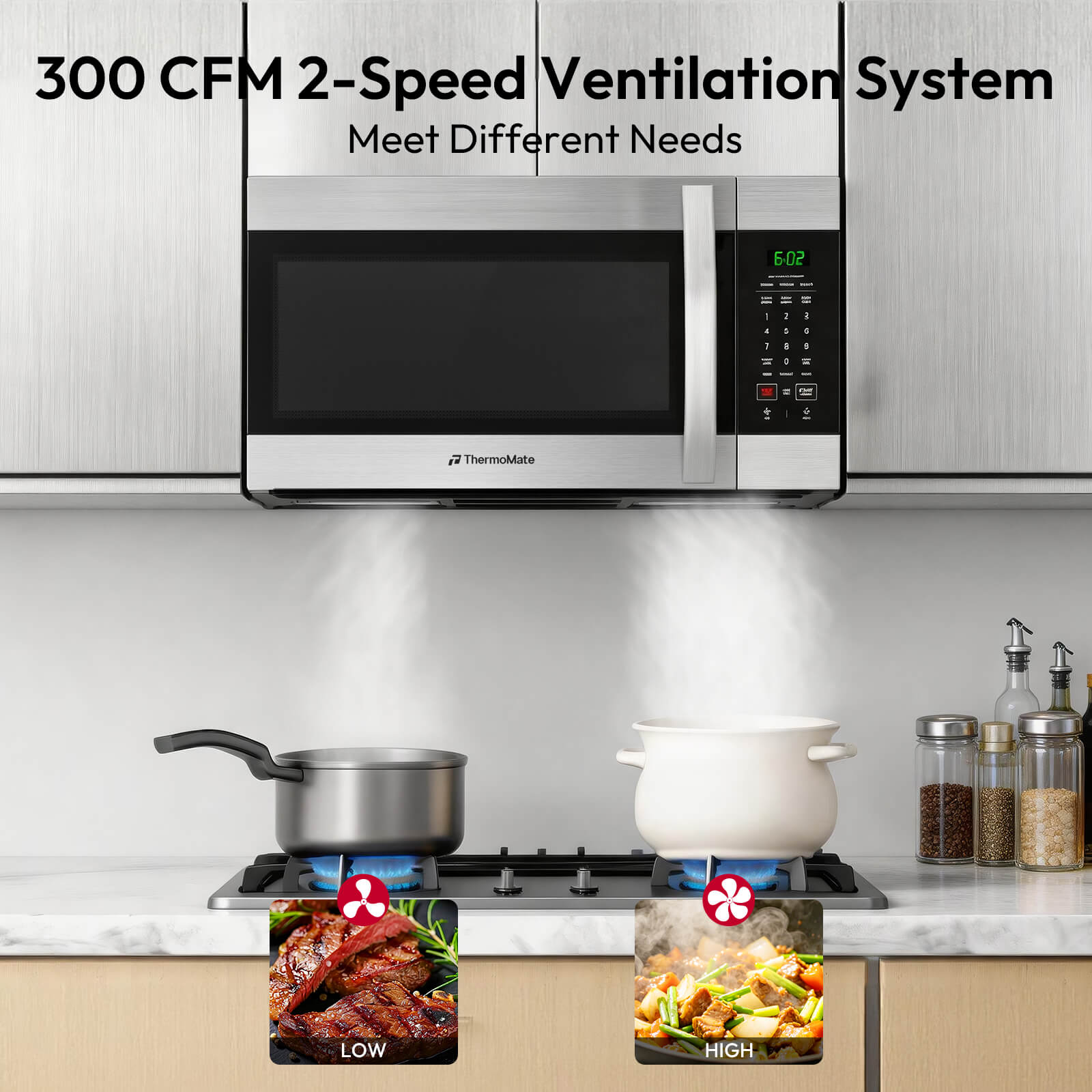 ThermoMate 1000 watt over-the-range microwave with adjustable power levels for reheating, cooking, defrosting, melting and softening foods