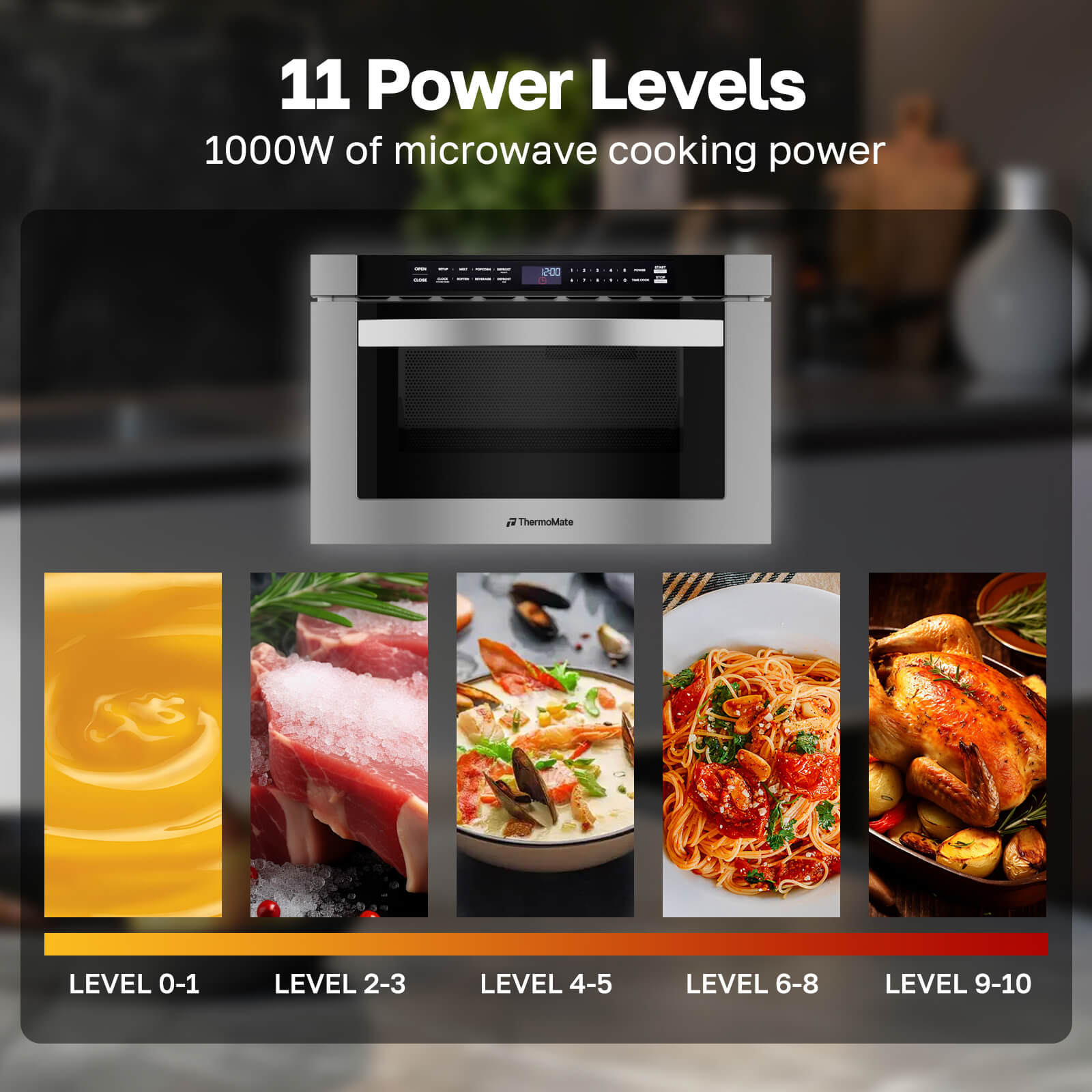 Stainless steel microwave oven with 11 power levels display and food preparation images.