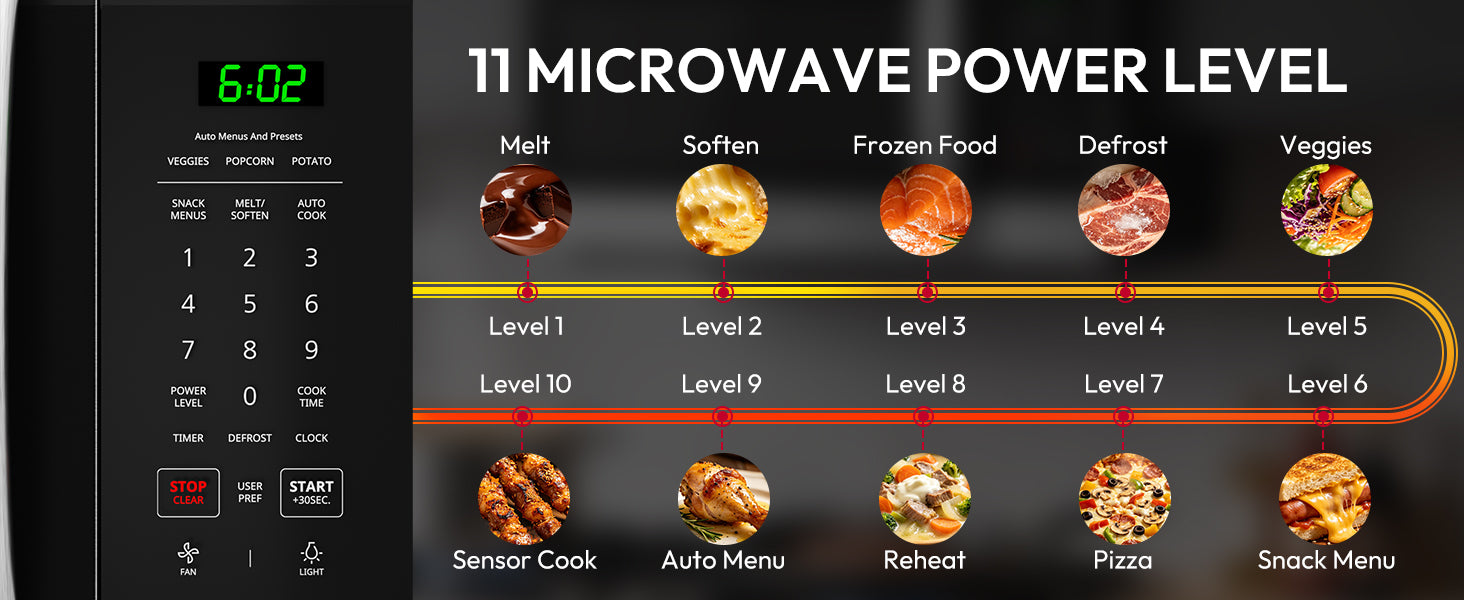 ThermoMate 30-inch over-the-range microwave with 11 adjustable power levels for melting, softening, defrosting, reheating, pizza, veggies and snack menus
