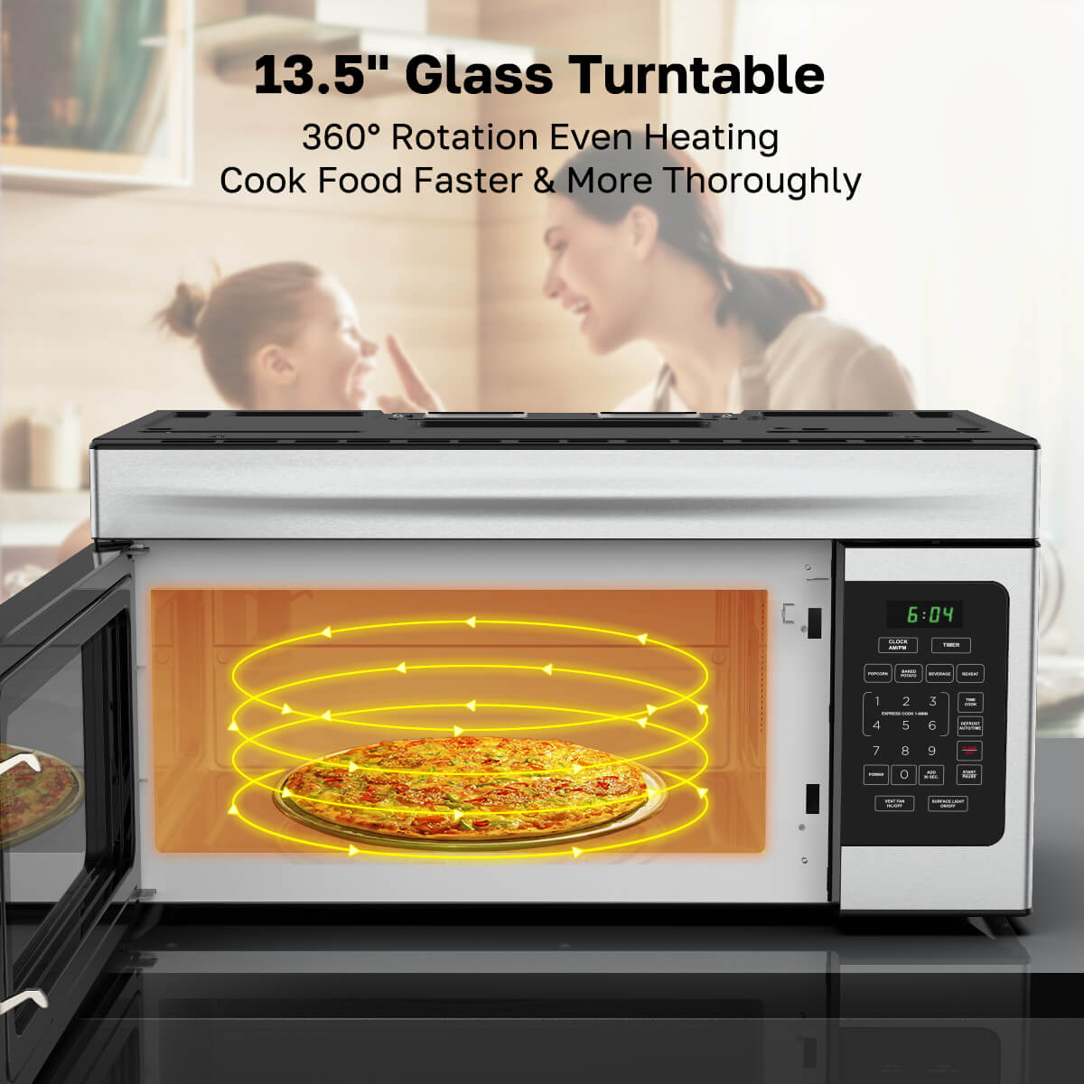 Microwave oven with glass turntable showing pizza inside, with text about features.