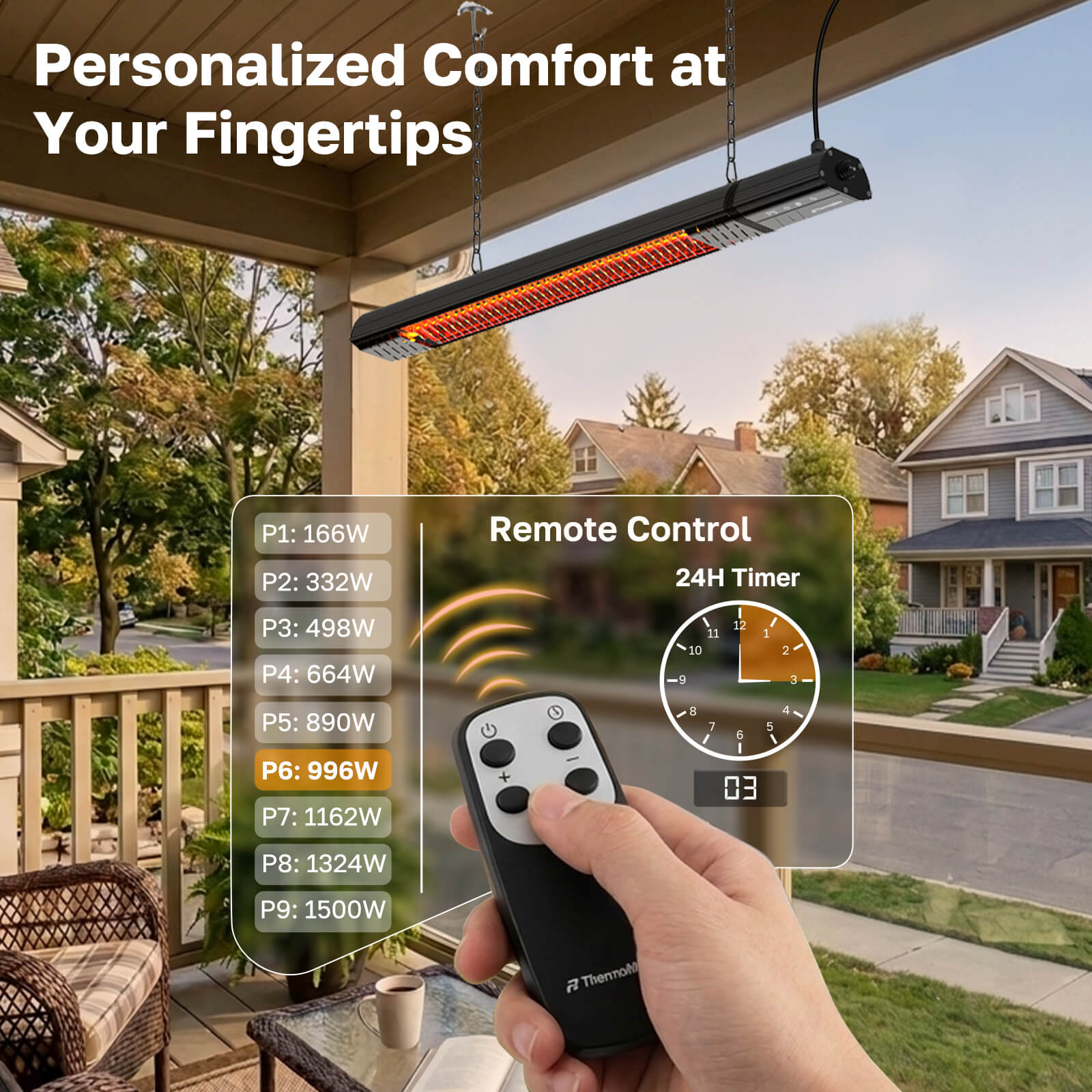 1500W infrared patio heater with remote control, 9 heating levels and 24-hour timer