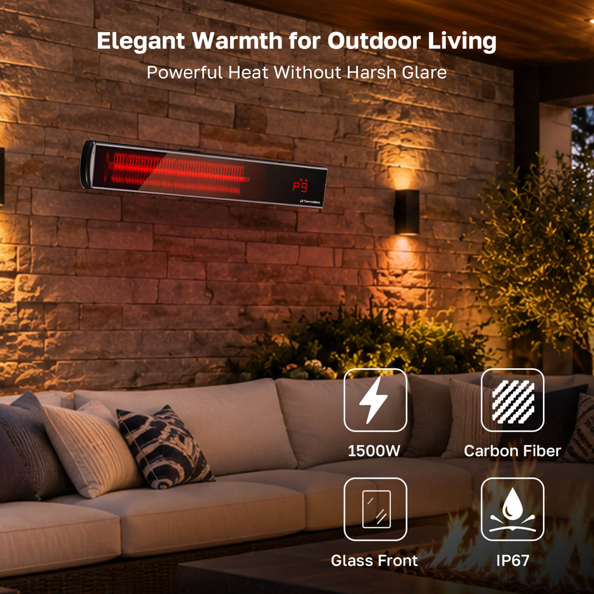 1500W low-glare carbon fiber infrared patio heater with black ceramic glass and remote control