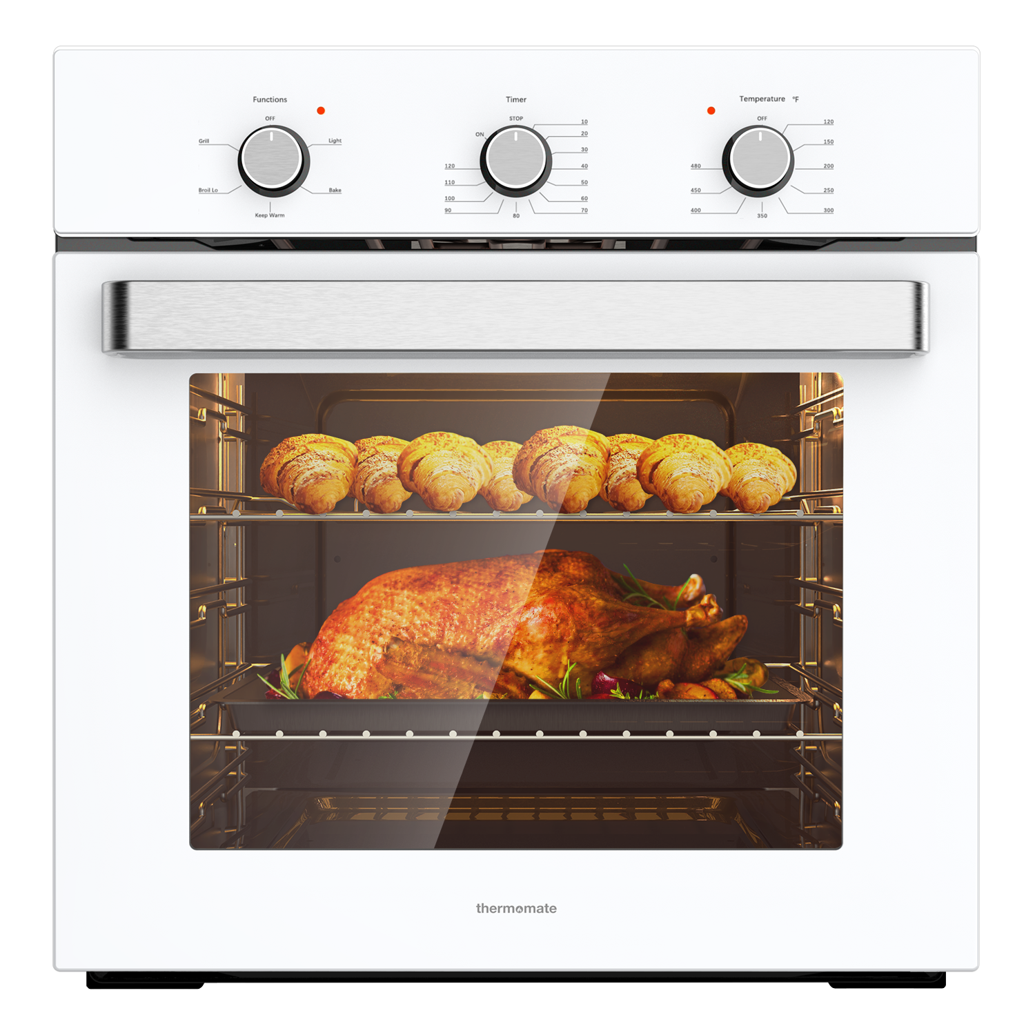 Thermomate 24 Inch Electric Wall Oven, 5 Cooking Functions White Glass
