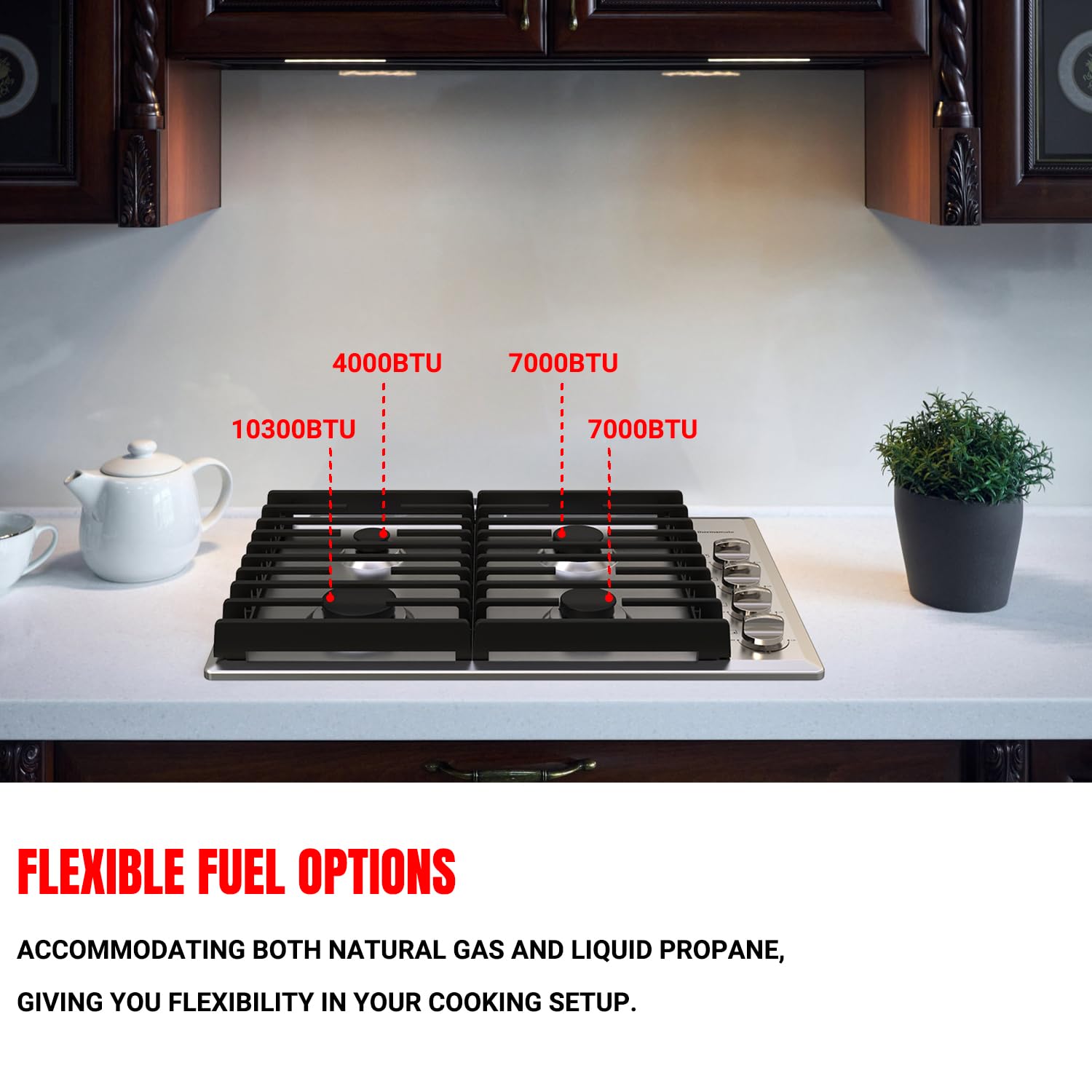 ACCOMMODATING BOTH NATURAL GAS AND LIQUID PROPANEGIVING YOU FLEXIBILITY IN YOUR COOKING SETUP.