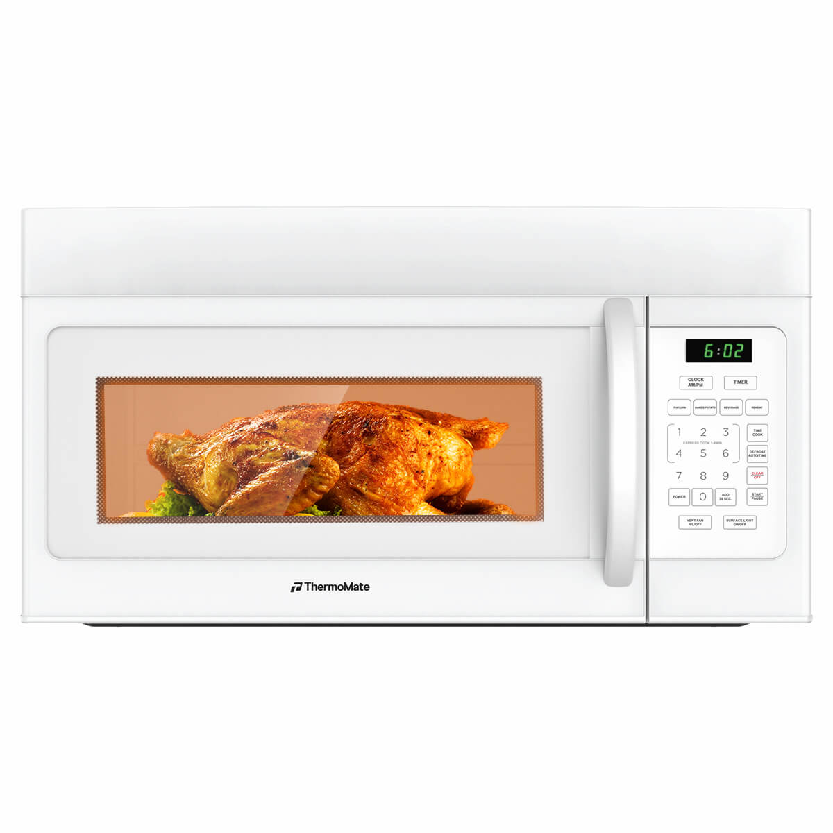 White microwave oven with a digital display and cooking chicken inside, brand 'thermomate' visible.