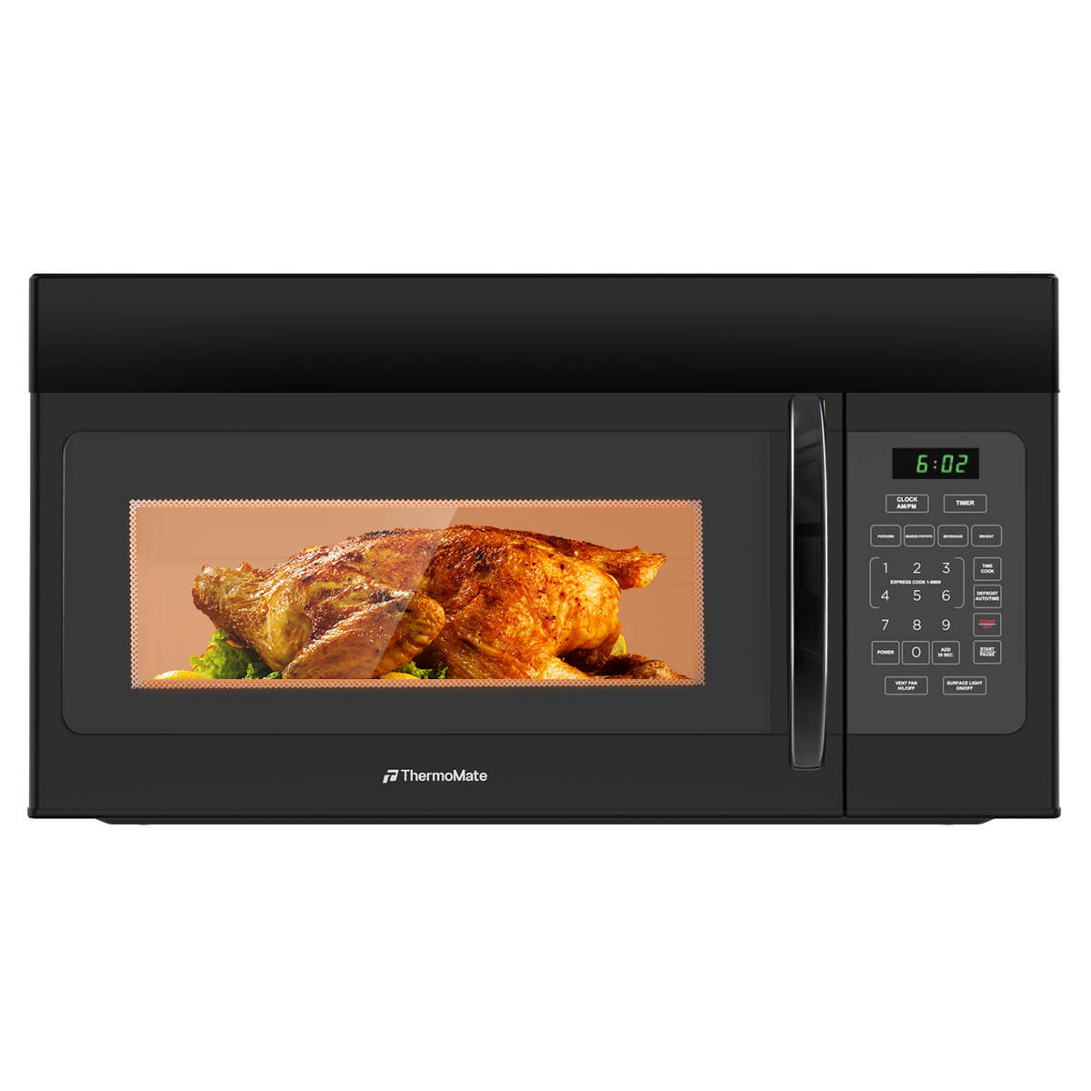Black microwave oven with a cooked chicken display on a white background