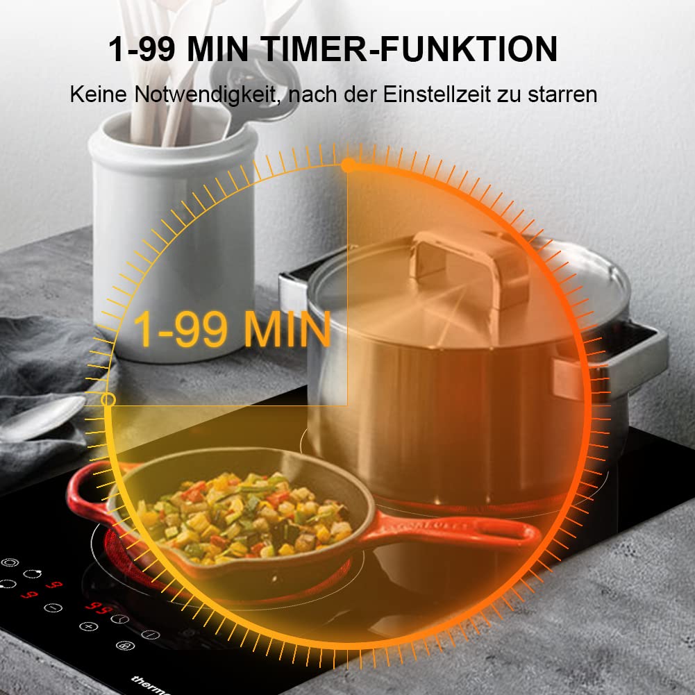 Ceramic Hob, thermomate 30cm Built-in Radiant Electric Cooktop, 3200W Electric Hob with 2 Zones, 9 Heating Level, Timer & Kid Safety Lock, Sensor Touch Control