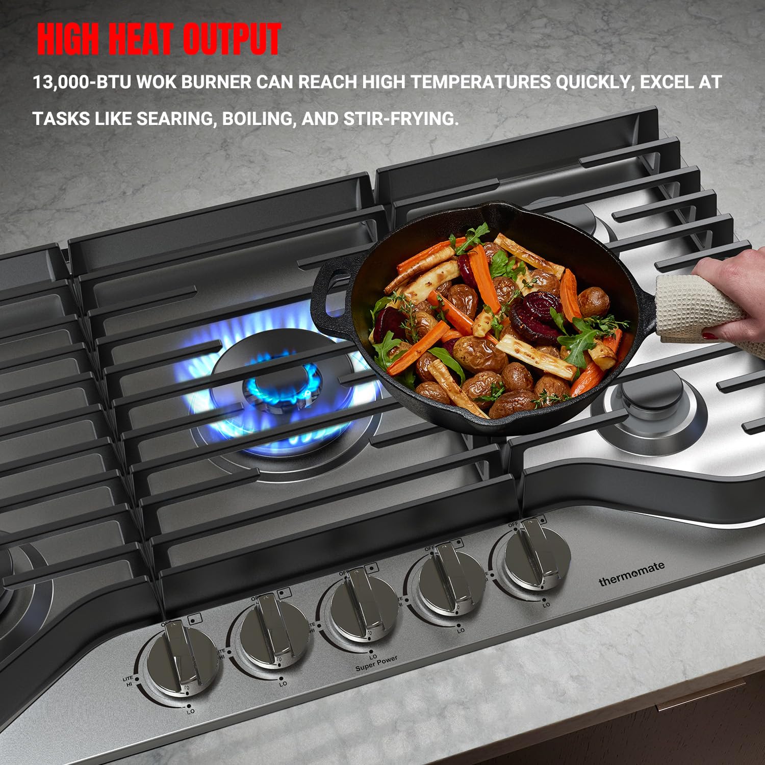 13,000-BTU WOK BURNER CAN REACH HIGH TEMPERATURES QUICKLY, EXCEL ATTASKS LIKE SEARING, BOILING, AND STIR-FRYING.
