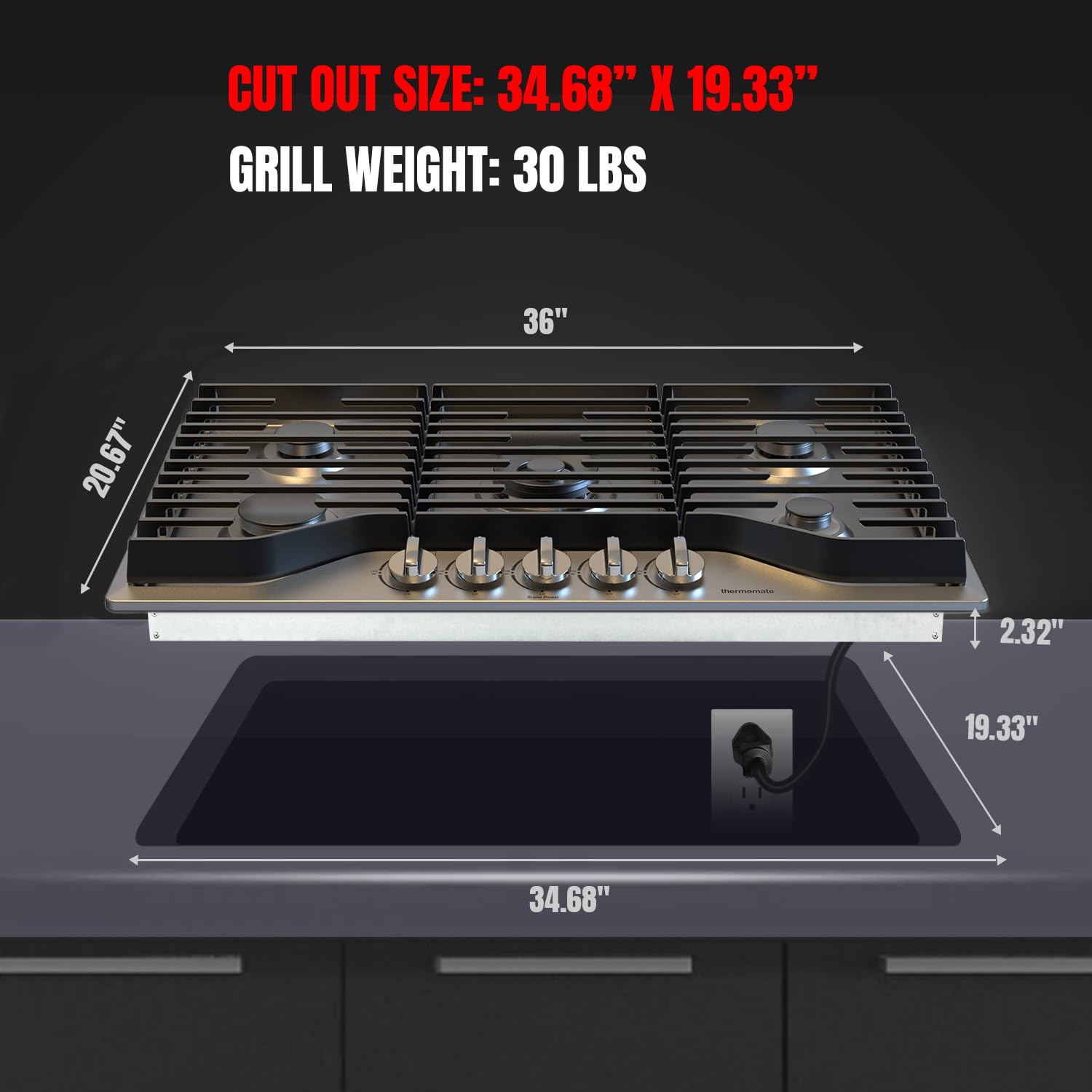 CUT OUT SIZE: 34.68” X 19.33” GRILL WEIGHT: 3O LBS
