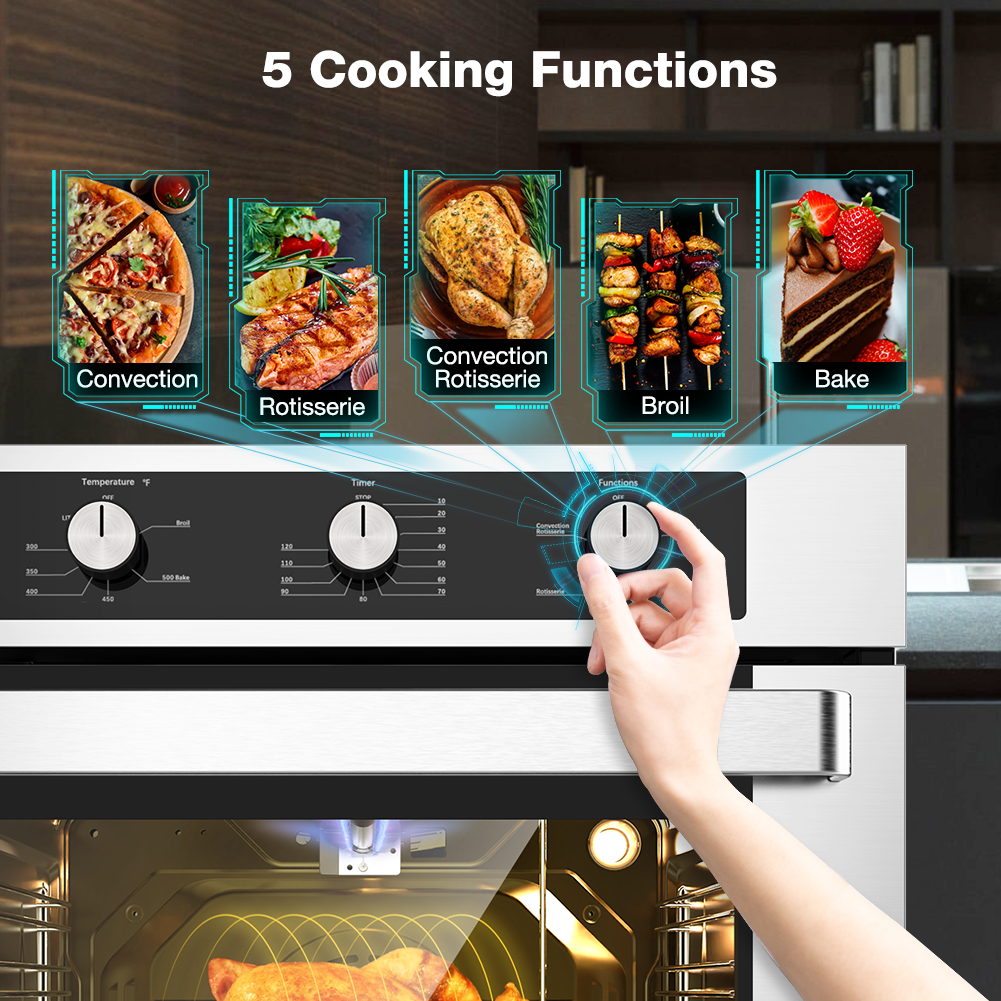 24 Inch Gas Single Wall Oven,5 Cooking Functions