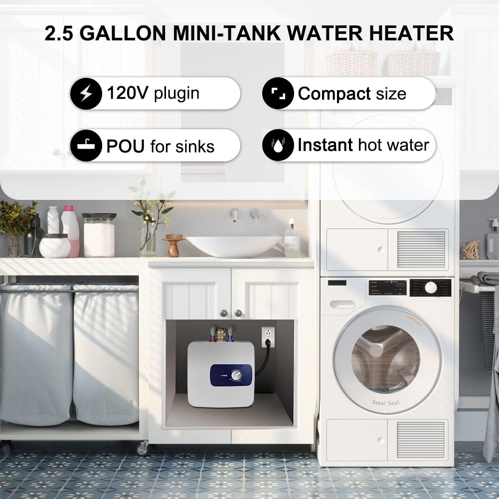 thermomate 2.5 gallon mini tank water heater | 120V plugin | compact size | POU for sinks | Instant hot water