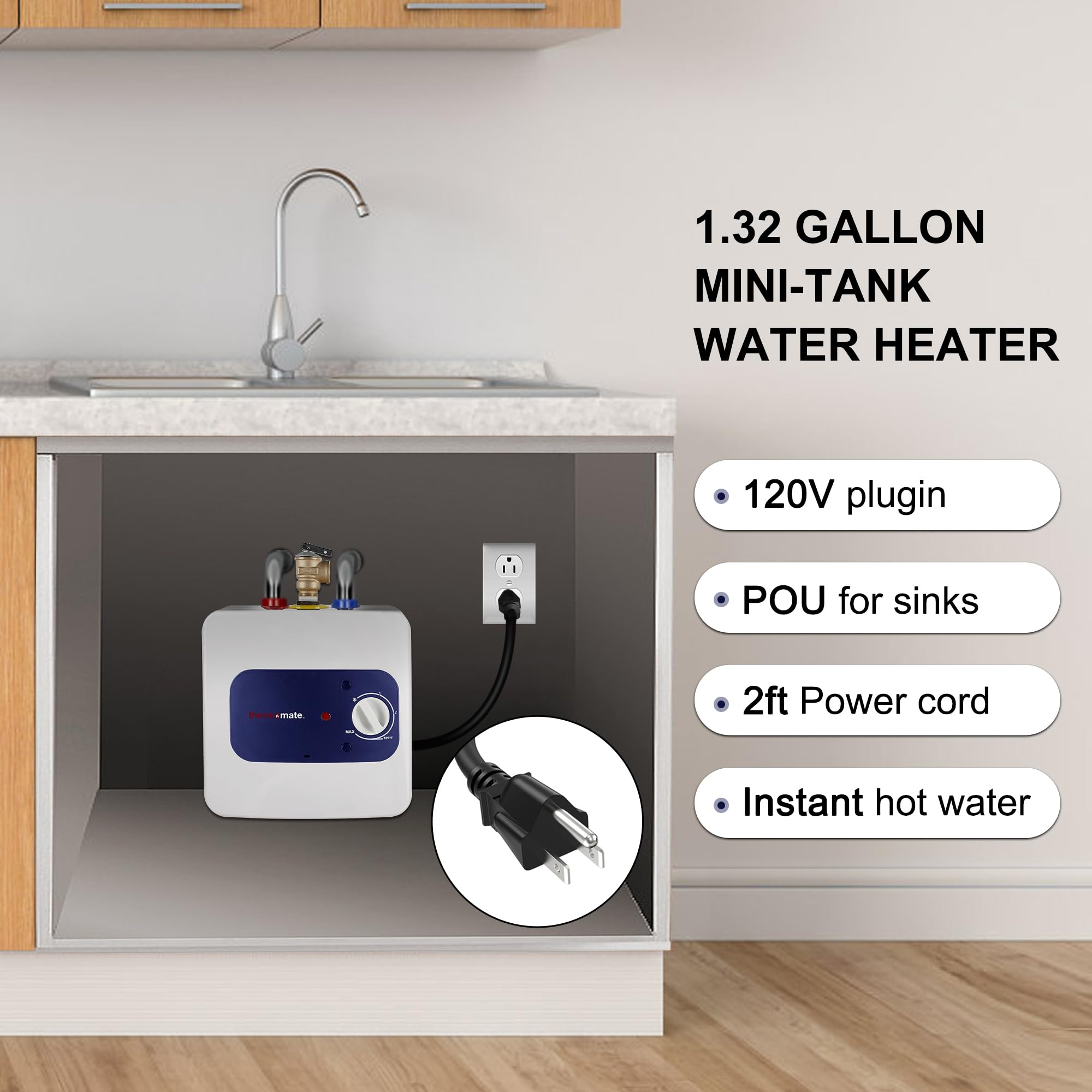 thermomate Mini Tank Electric Water Heater ES150 1.3 Gallons Point of Use Water Heater for Instant Hot Water Under Kitchen Sink 120V 1440W