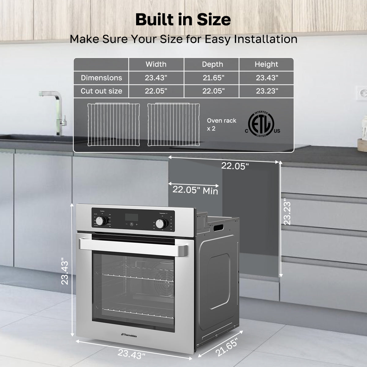 24 Inch Electric Single Wall Oven, 9 Cooking Functions | ThermoMate
