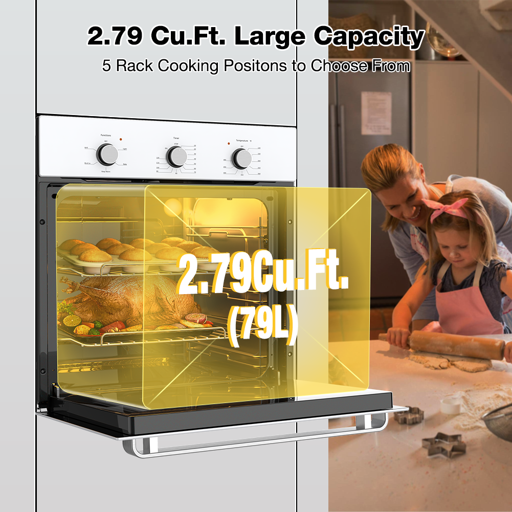 24 Inch Electric Wall Oven, 5 Cooking Functions White Glass