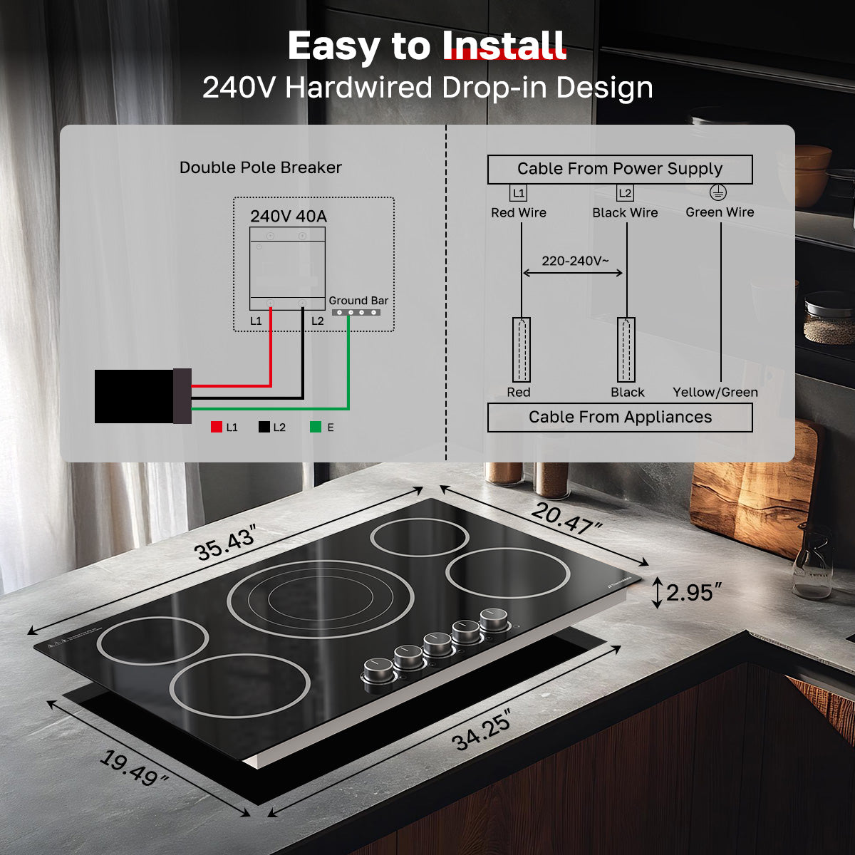 Easy to Install
240V Hardwired Drop-in Design