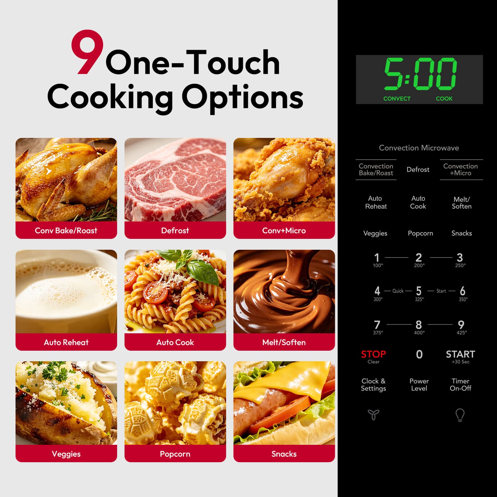 ThermoMate convection microwave digital control panel with 9 one-touch cooking options including defrost, auto cook, popcorn, and melt soften