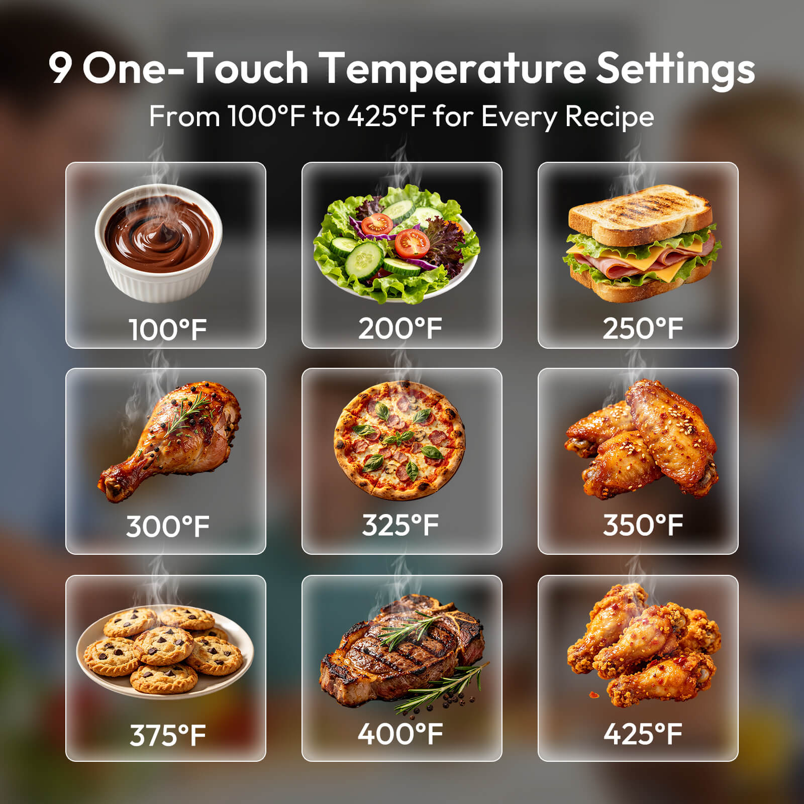ThermoMate convection microwave oven with 9 one-touch temperature settings from 100°F to 425°F for different recipes