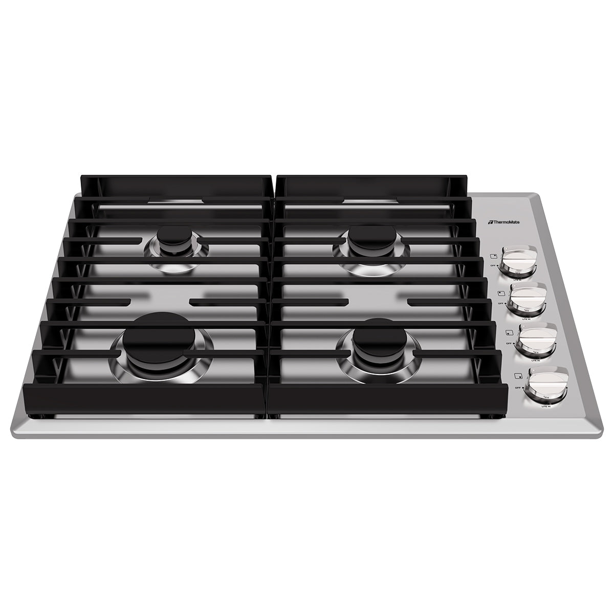 Angled view of ThermoMate 30-inch 4-burner stainless steel gas cooktop with control knobs