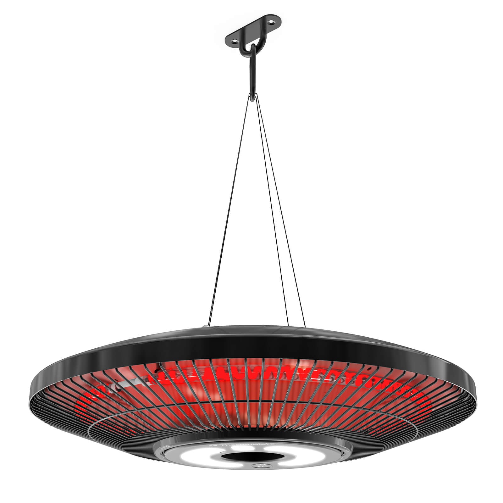 Black infrared hanging patio heater with ceiling chain mount and carbon fiber heating element