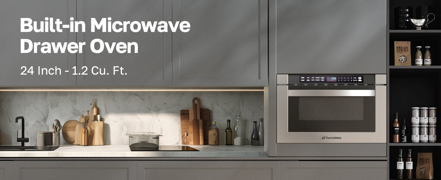 Builtin microwave drawer oven in a kitchen setting with text indicating size and features.
