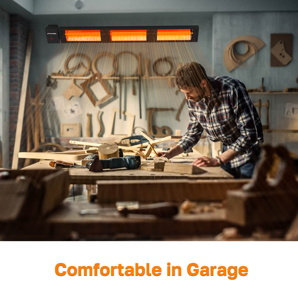 Man working in a garage with tools and wooden boards, featuring text 'Comfortable in Garage'.