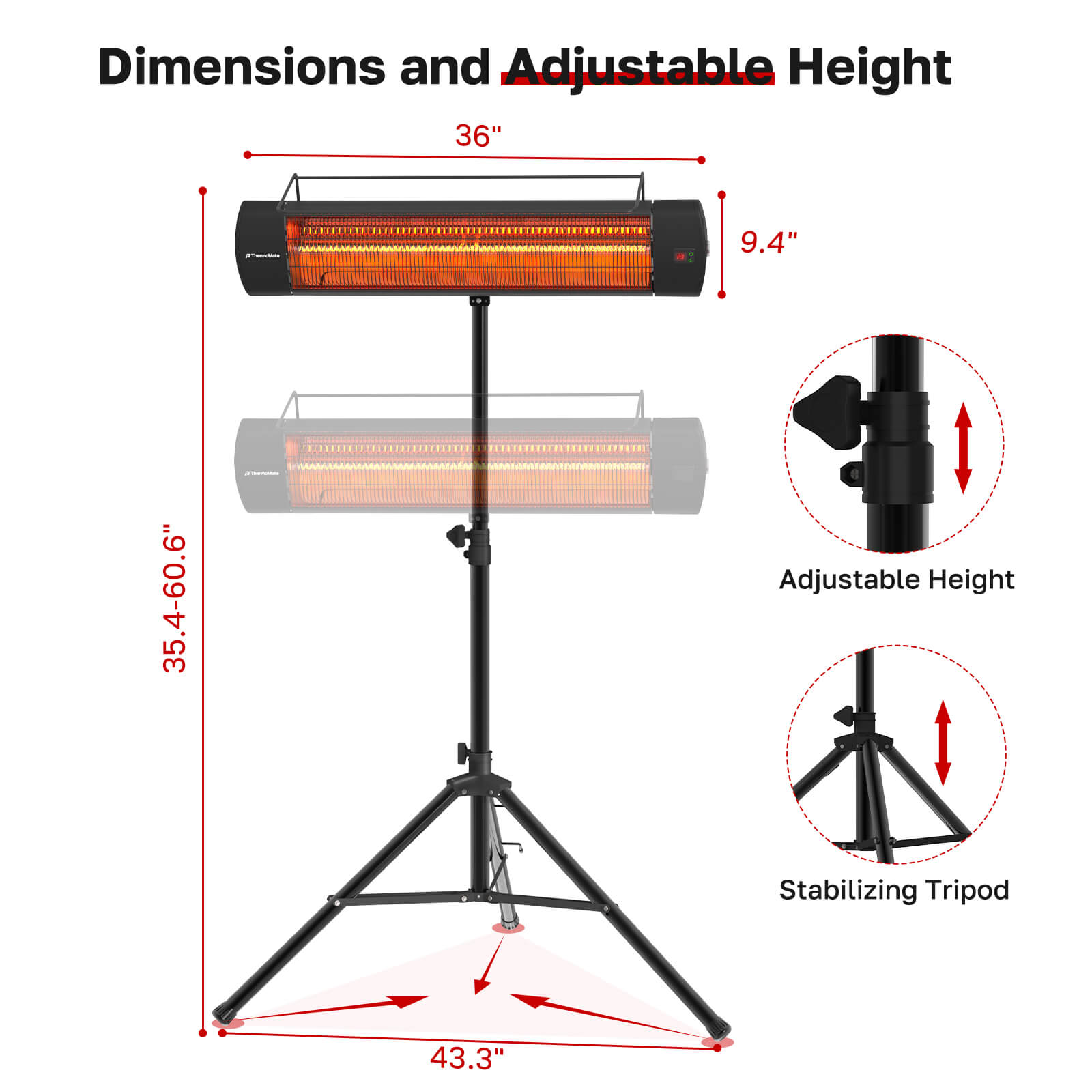 ThermoMate 1500W Outdoor Infrared Patio Heater with Tripod & Wall